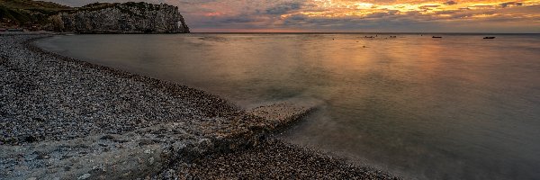 Morze, Zachód słońca, Skały, Francja, Normandia