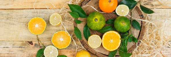 Gałązki, Limonki, Miska, Deski, Pomarańcze, Owoce
