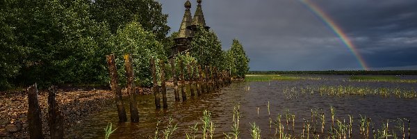 Chmury, Drzewa, Cerkiew, Tęcza, Szuwary, Jezioro