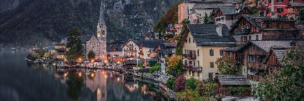 Domy, Góry, Jezioro Hallstattersee, Kościół, Hallstatt, Austria