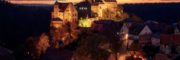 Noc, Zamek Hohnstein, Domy, Drzewa, Hohnstein, Niemcy