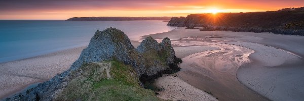 Morze, Skały, Wybrzeże, Zachód słońca, Plaża