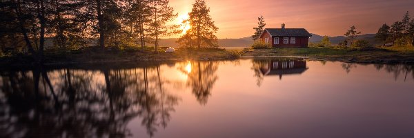 Odbicie, Jezioro Vaeleren, Zachód słońca, Ringerike, Norwegia, Dom, Drzewa