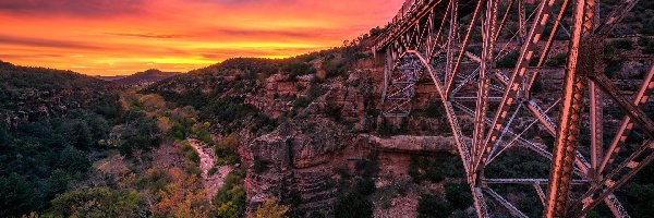 Oak Creek, Arizona, Skały, Midgely Bridge, Kanion, Zachód słońca, Most, Stany Zjednoczone