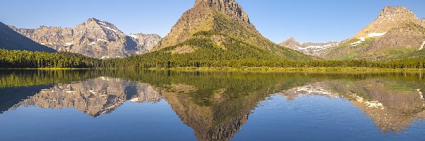 Góry, Swiftcurrent Lake, Stany Zjednoczone, Stan Montana, Park Narodowy Glacier, Drzewa, Odbicie, Jezioro