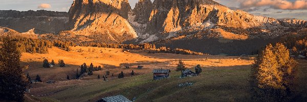 Domki, Dolomity, Sassolungo, Płaskowyż, Dolina, Val Gardena, Drewniane, Seiser Alm, Chmury, Włochy, Drzewa, Góry