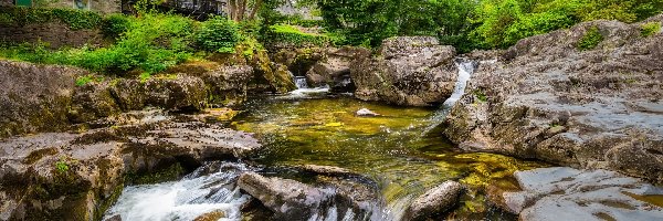 Drzewa, Kamienie, Rośliny, River Llugwy, Rzeka, Walia, Betws y Coed, Skały, Domy