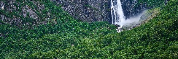 Norwegia, Góry, Drzewa, Skała, Wodospad Feigefossen, Gmina Luster, Domy