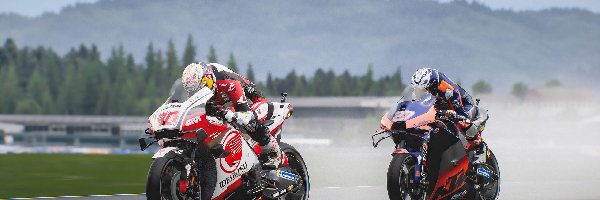 Tor, Gra, Wyścig, Motocykle, Plakat, Honda, Motocykliści, Wzgórza, KTM, MotoGP 21, Drzewa