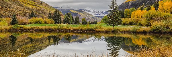 Stany Zjednoczone, Staw, Drzewa, Gore Range, Góry, Kolorado, Jesień