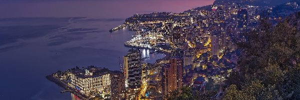 Noc, Oświetlone, Morze, Monako, Miasto