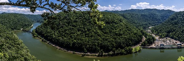 Most, Zakole, Rzeka, Wirginia Zachodnia, Stany Zjednoczone, Drzewa, Wąwóz New River, New River, Las