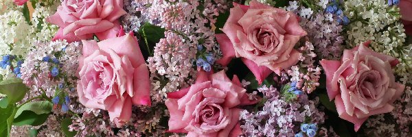 Róże, Bez, Lilak, Różowe, Kwiaty, Bukiet