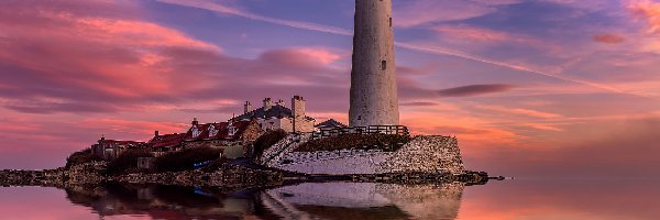 Latarnia morska, Zachód słońca, Anglia, Whitley Bay, Morze, St Marys Lighthouse, Hartley, Wyspa
