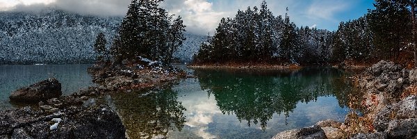 Hintersee, Jezioro, Góry, Bawaria, Niemcy, Kamienie, Skały, Alpy, Drzewa