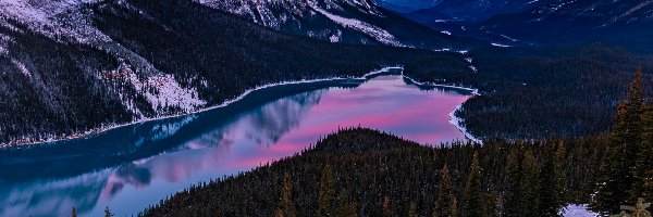 Chmury, Góry, Park Narodowy Banff, Lasy, Kanada, Peyto Lake, Canadian Rockies, Zima, Jezioro, Śnieg, Poranek, Alberta, Wschód słońca