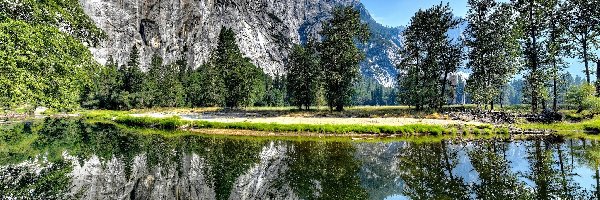 Stany Zjednoczone, Merced River, Drzewa, Rzeka, Góry, Kalifornia, Park Narodowy Yosemite