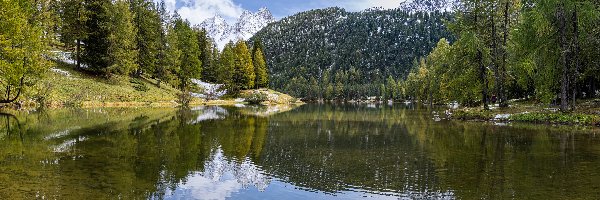 Śnieg, Zielone, Drzewa, Odbicie, Jezioro, Góry