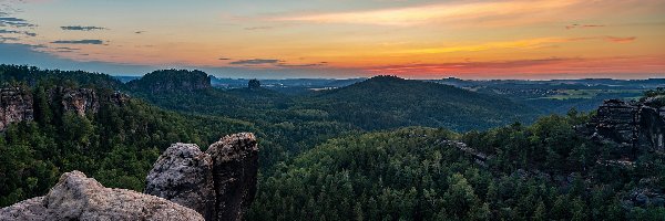 Park Narodowy Saskiej Szwajcarii, Skały, Las, Niemcy, Góry, Zachód słońca