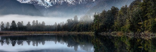 Mgła, Drzewa, Alpy Południowe, Góry, Park Narodowy Góry Cooka, Nowa Zelandia, Jezioro Matheson, Las, Odbicie