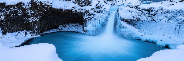 Rzeka Skjalfandafljot, Bazaltowe, Skały, Zima, Wodospad Aldeyjarfoss, Islandia