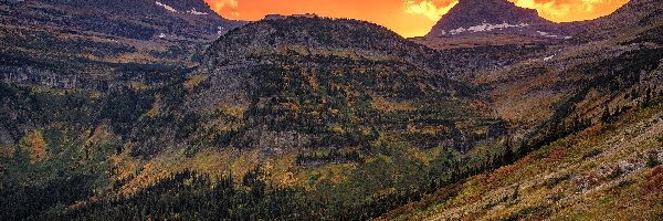 Montana, Drzewa, Zachód słońca, Stany Zjednoczone, Góry, Park Narodowy Glacier