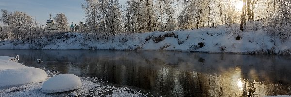 Słońce, Oszronione, Drzewa, Rzeka, Zima, Cerkiew, Kopuła