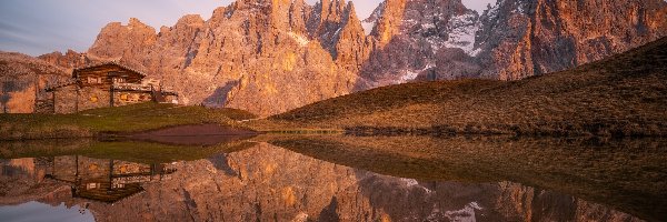 Jezioro, Dolomity, Cimon della Pala, Szczyt, Włochy, Odbicie, Schronisko Baita Segantini, Góry, Dom