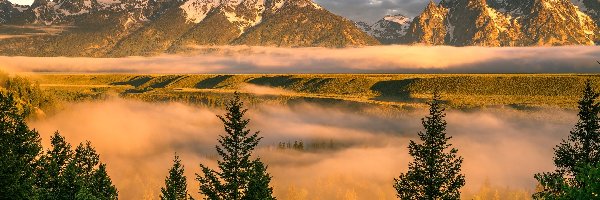 Mgła, Park Narodowy Grand Teton, Rzeka, Teton Range, Stany Zjednoczone, Las, Chmury, Stan Wyoming, Drzewa, Góry, Snake River