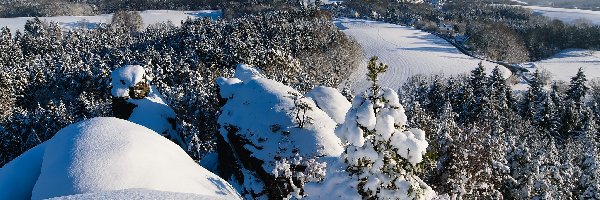 Śnieg, Drzewa, Domy, Droga, Zima, Niemcy, Saksońska Szwajcaria, Wzgórza, Góry Połabskie