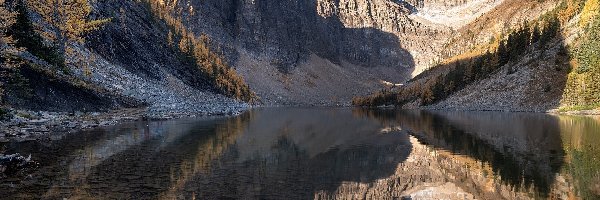 Park Narodowym Banff, Ptak, Góry, Agnes Lake, Jezioro, Kanada, Alberta, Drzewa, Prowincja