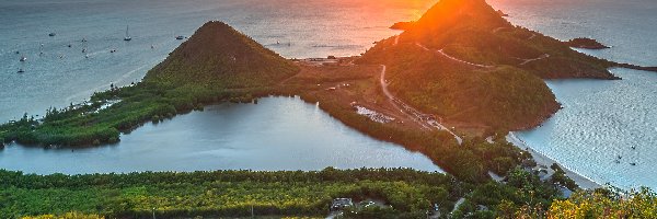 Pearns Point, Zachód słońca, Morze, Góry, Półwysep, Antigua i Barbuda, Wyspa Antigua, Zatoki, Jennings