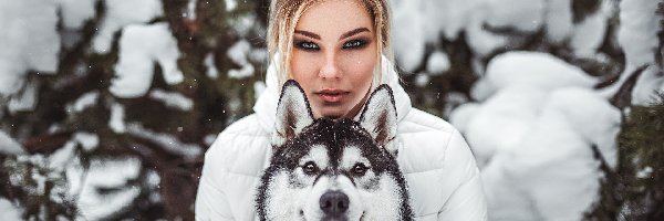 Siberian husky, Kurtka, Pies, Zima, Biała, Dziewczyna