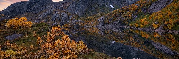 Góry, Vestvagoy, Odbicie, Roślinność, Lofoty, Morze, Jesień, Norwegia