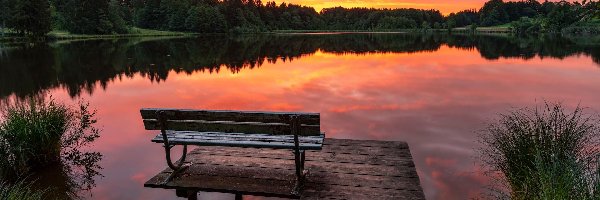 Jezioro, Ławka, Pomost, Zachód słońca