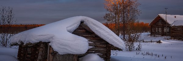 Szopa, Dom, Wieś, Obwód archangielski, Rosja, Śnieg, Zima, Kimzha, Drzewa