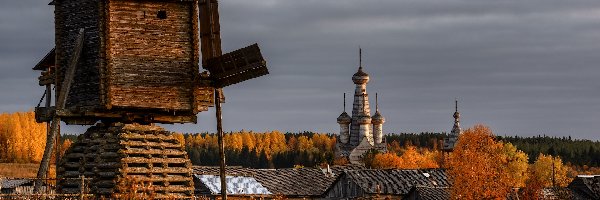 Region archangielski, Wiatrak, Wieś Kimzha, Rosja, Cerkiew, Jesień