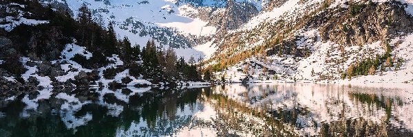 Drzewa, Aviolo Lake, Dolomity, Góry, Zima, Włochy, Lombardia, Jezioro, Odbicie