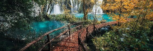 Wodospady, Plitvice, Pomost, Kładka, Park Narodowy Jezior Plitwickich, Drzewa, Jesień, Chorwacja
