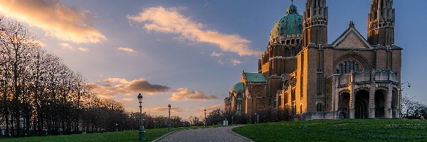 Kościół, Bruksela, Niebo, Drzewa, Droga, Narodowa Bazylika Najświętszego Serca, Domy, Belgia