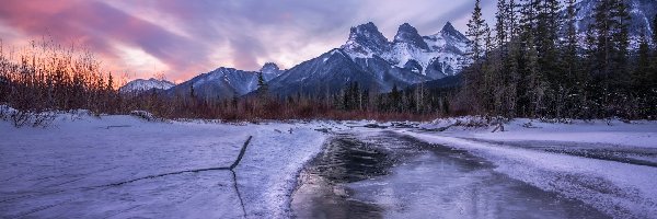 Góra Three Sisters, Canadian Rockies, Canmore, Alberta, Kanada, Drzewa, Bow River, Góry, Rzeka