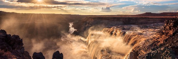Skały, Grand Falls, Stany Zjednoczone, Arizona, Słońce, Rzeka, Little Colorado River, Wodospad