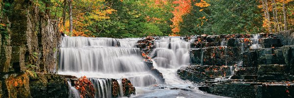 Kamienie, Wodospad, Liście, Jesień, Stany Zjednoczone, Drzewa, Slate River, Michigan, Rzeka, Quartzite Falls, Hrabstwo Baraga