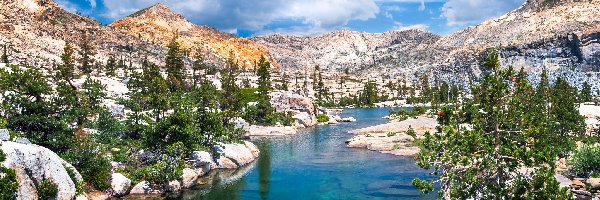 Lake Tahoe, Sierra Nevada, Stany Zjednoczone, Kalifornia, Jezioro, Drzewa, Sosny, Góry