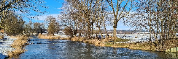 Zima, Bezlistne, Rzeka, Śnieg, Drzewa