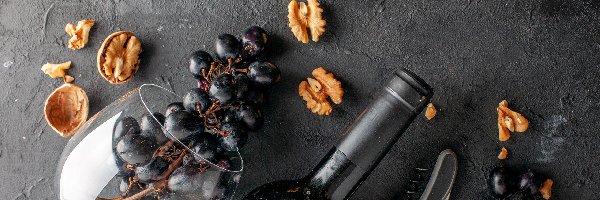 Winogrona, Kieliszek, Nóż, Orzechy włoskie, Wino, Butelka