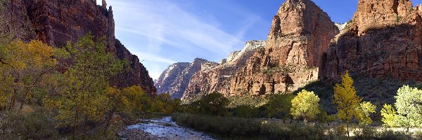 Rzeka, Góra Great White Throne, Stany Zjednoczone, Utah, Skały, Virgin River, Park Narodowy Zion, Góry