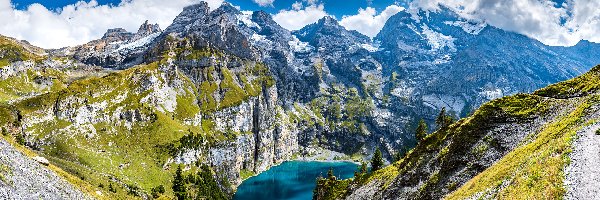 Obłoki, Alpy Berneńskie, Kanton Berno, Góry, Szwajcaria, Niebo, Jezioro Oeschinen