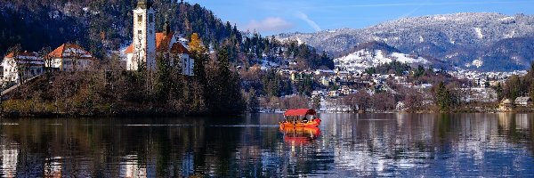 Słowenia, Kościół Zwiastowania Marii Panny, Łódka, Alpy Julijskie, Góry, Lake Bled, Jezioro