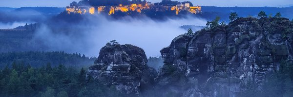 Niemcy, Góry Połabskie, Lasy, Skały, Park Narodowy Saskiej Szwajcarii, Mgła, Drzewa